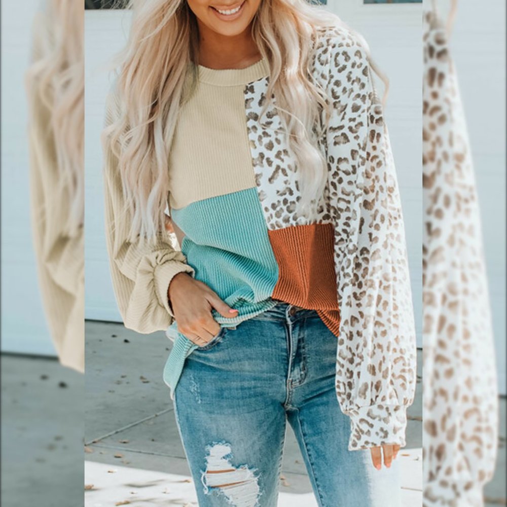 Leopard Patchwork Color Block Ribbed Long Sleeve Top